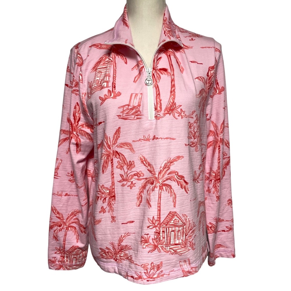 Talbots Pink Pullover with Coral Palm Print Quarter Zip - Picture 3 of 11